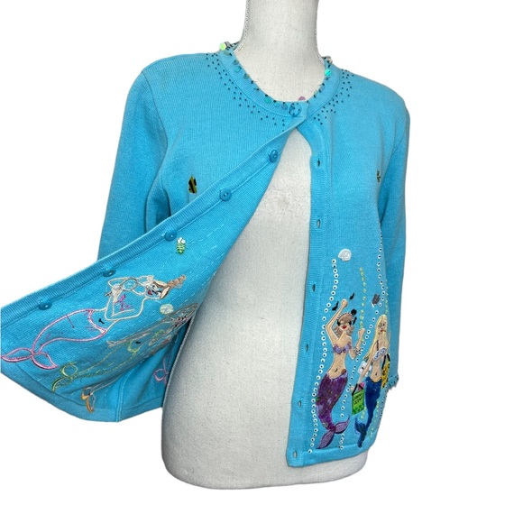 Vintage Jack B. Quick blue mermaid sequin beaded embroidery sweater cardigan M - Picture 2 of 16